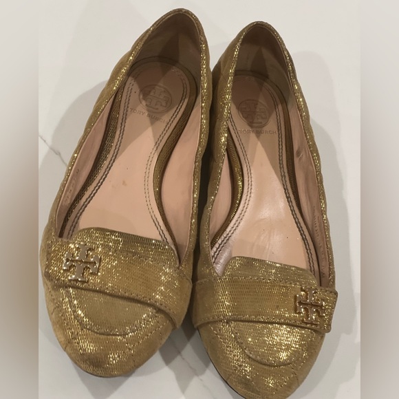 Tory Burch Leila Gold leather Shimmer Loafers Size 7.5 - Picture 2 of 11